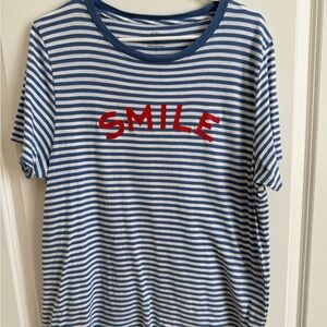 J. Crew Blue and White Striped Tee with “SMILE” in XL